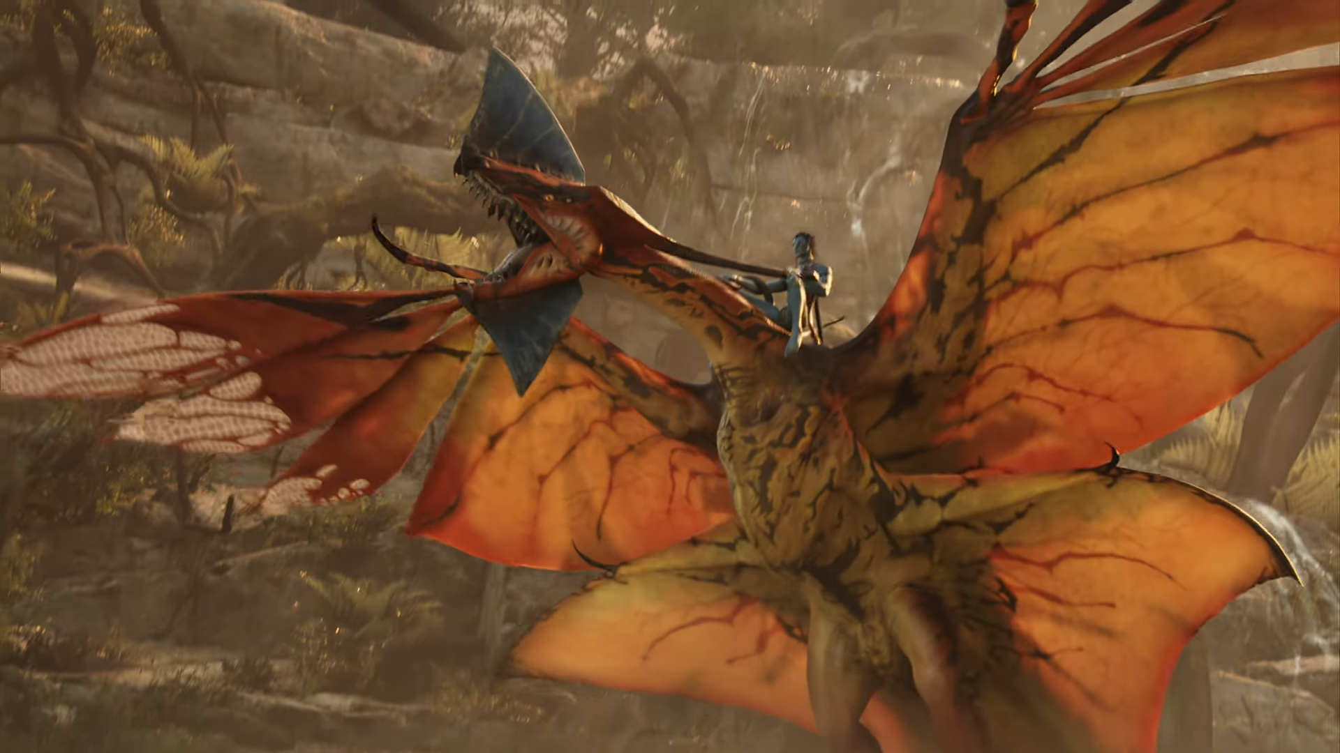 Sam Worthington as Jake Sully riding the Great Leonopteryx