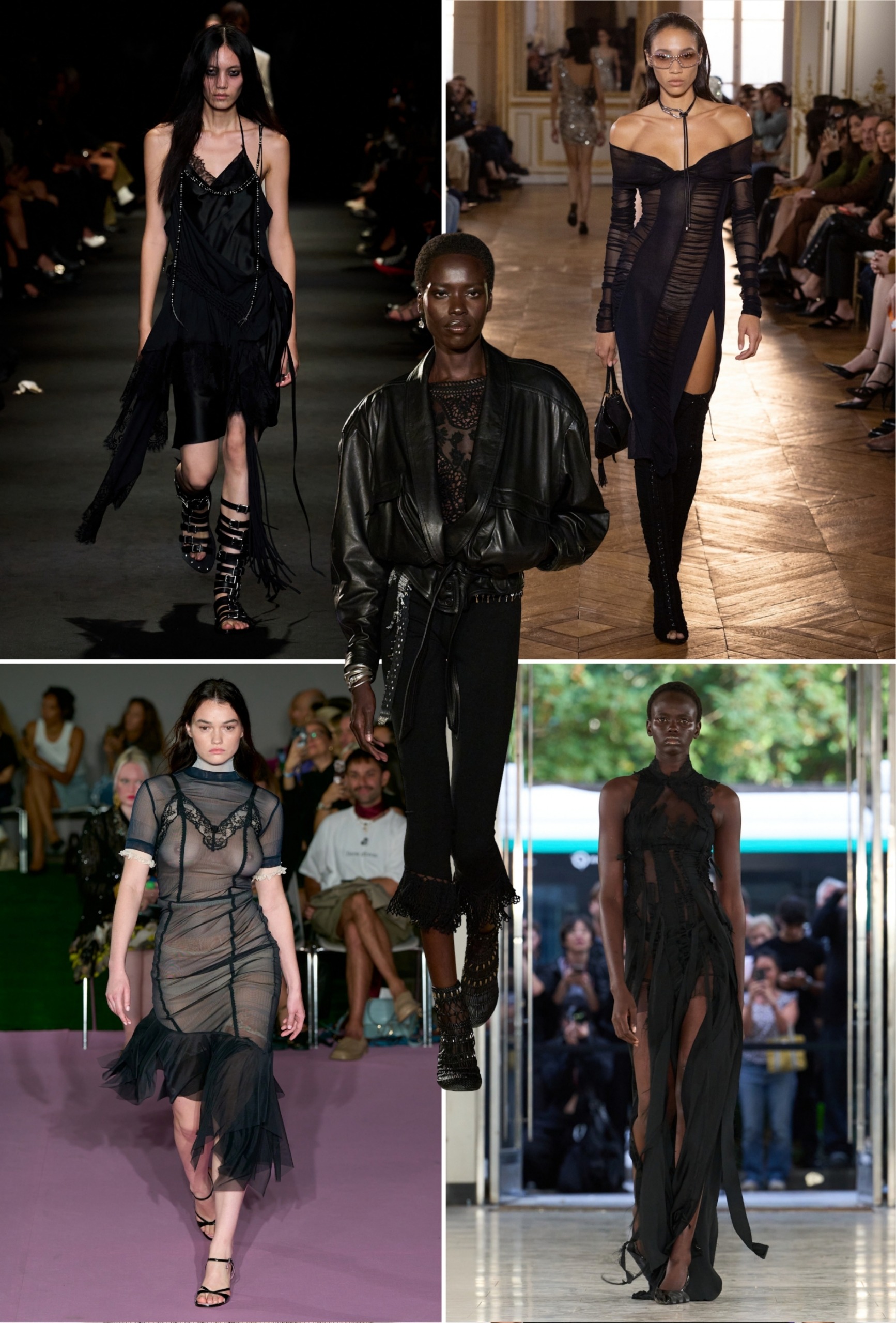Collage of runway models showing the gothic glamour trend during paris fashion week spring summer 2027