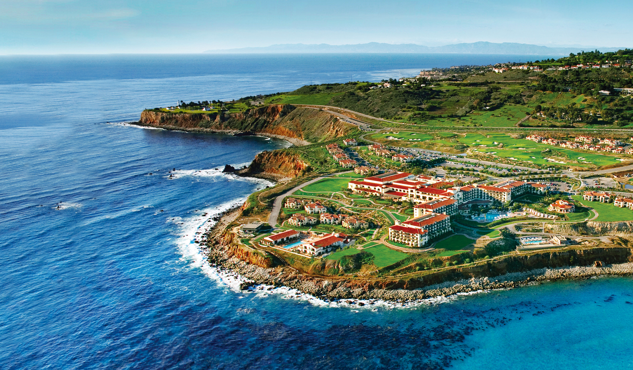 An aerial view showing Terranea Resort above the Pacific Ocean in Rancho Palos Verdes, California