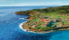 An aerial view showing Terranea Resort above the Pacific Ocean in Rancho Palos Verdes, California