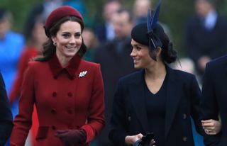 Catherine, Duchess of Cambridge and Meghan, Duchess of Sussex arrive to attend Christmas Day Church service
