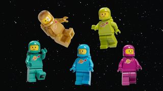 The five new Lego spaceman options, from left to right: Bright Bluish Green, Warm Gold, Dark Azure, Bright Yellowish Green and Reddish Violet.