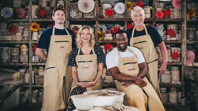 The Festive Pottery Throw Down 2024, with (from left) Tom Rosenthal, Rachel Riley, Babatunde Aleshe and Martin Kemp.