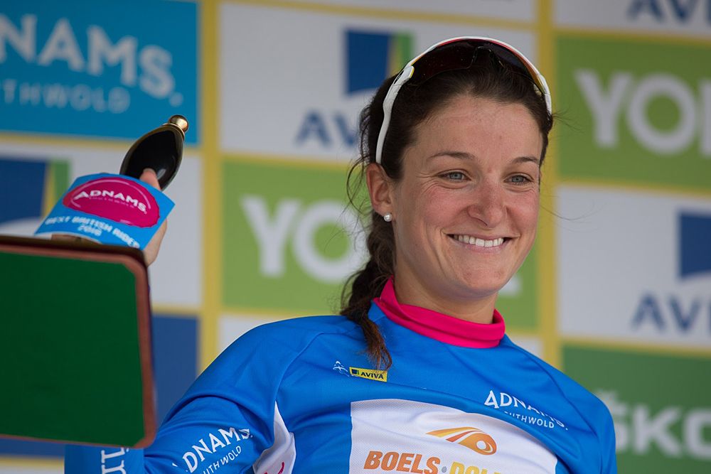 Lizzie Armitstead (GBR) of Boels-Dolmans Cycling Team celebrates the best British rider's jersey after the Aviva Women's Tour 2016 - Stage 1