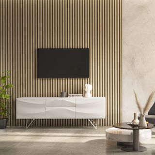 Wickes Acoustic Slat Wall Light Oak Wall Panel used in a living room behind the TV