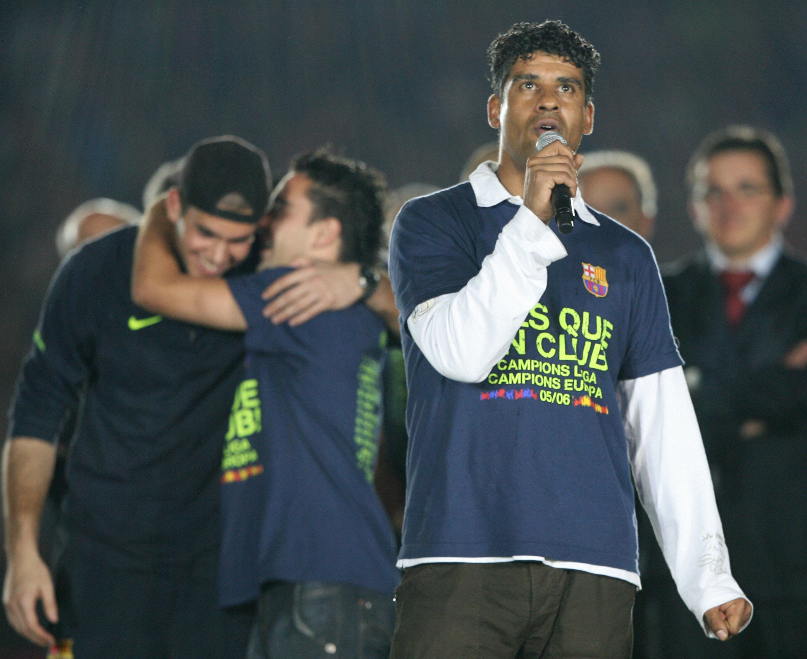 Frank Rijkaard addresses Barcelona fans during the celebrations at Camp Nou of the club's Champions League final win against Arsenal in May 2006.