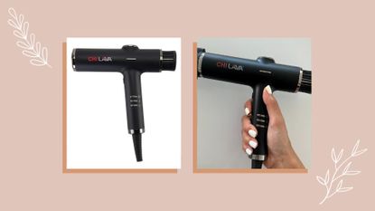 A collage for the chi lava pro hair dryer review of the dryer alone and being held by our beauty writer