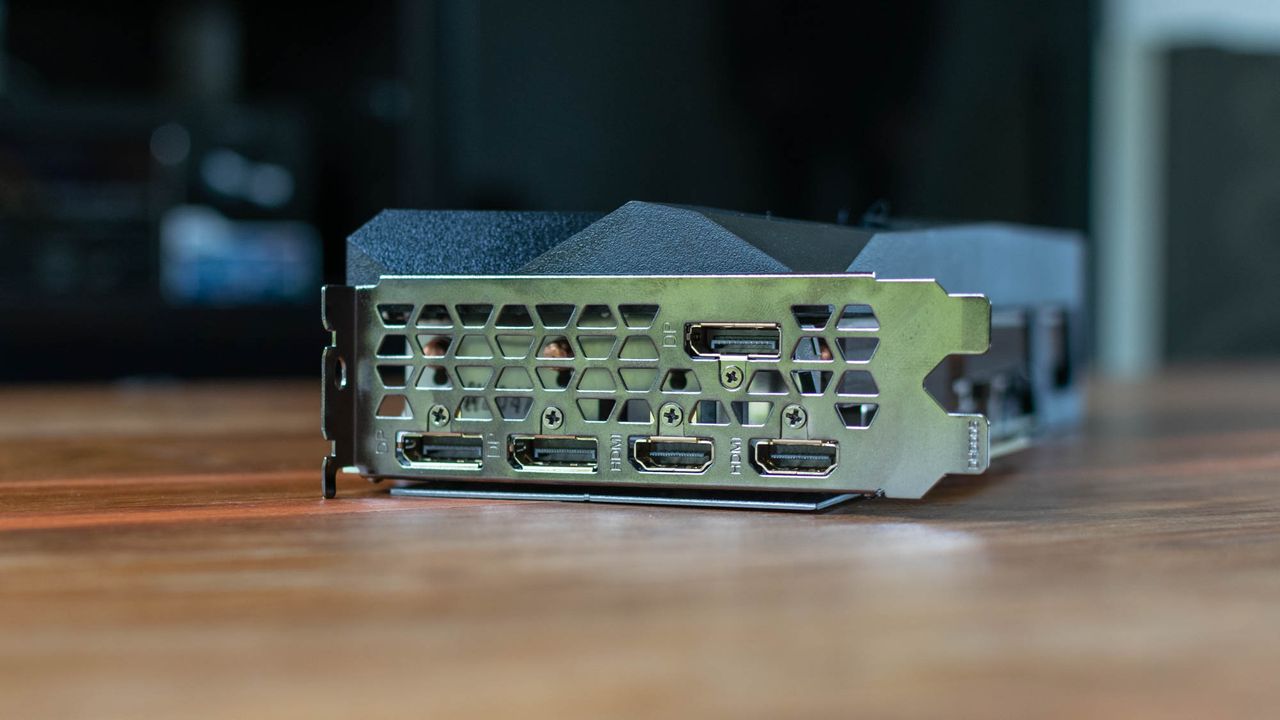 A photograph of the Gigabyte GeForce RTX 3090 GAMING OC 24G's input ports