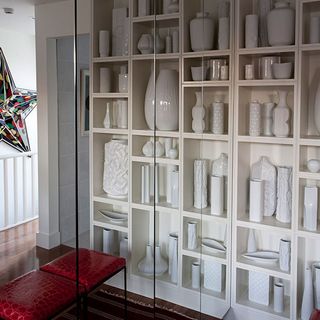 bedroom with ceramic collection