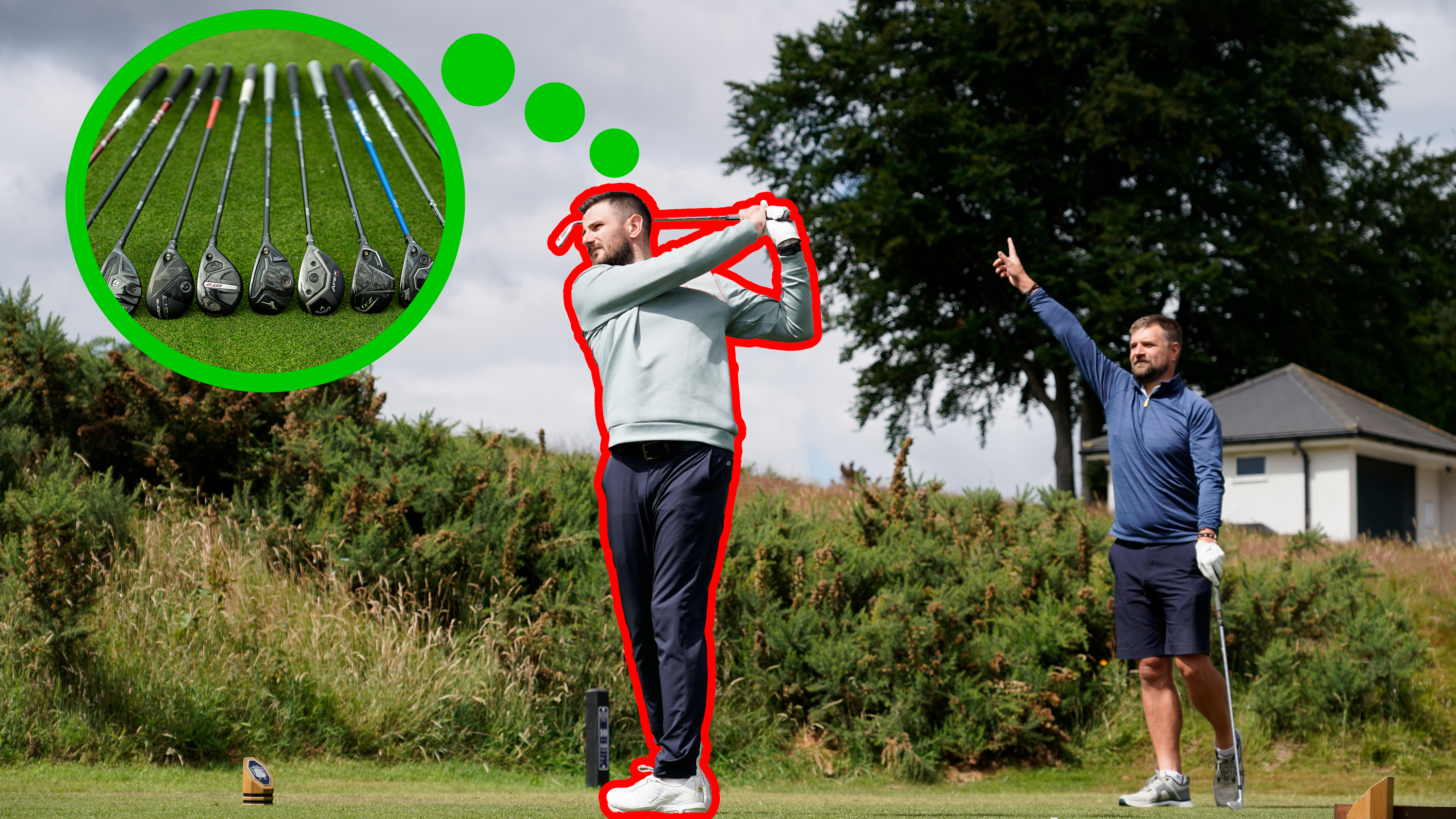 Baz Plummer hitting a long iron (highlighted in red to indicate the wrong decision on club) with an inset image of hybrids (highlighted in green to indicate better choice according to Shot Scope data)