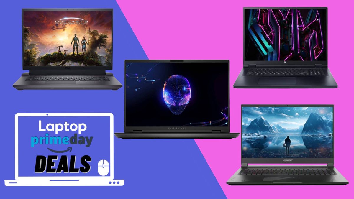 Prime Day gaming laptop deals alongside 4 gaming laptops against a pink and blue background