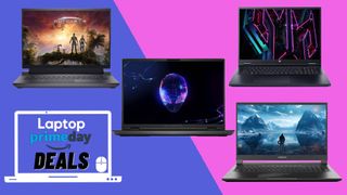 Prime Day gaming laptop deals alongside 4 gaming laptops against a pink and blue background