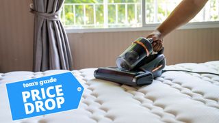 Someone's hand holding a mattress vacuum, vacuuming the surface of a mattress 