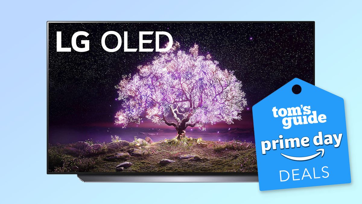 the LG C1 OLED TV on a blue background with a Prime Day sticker