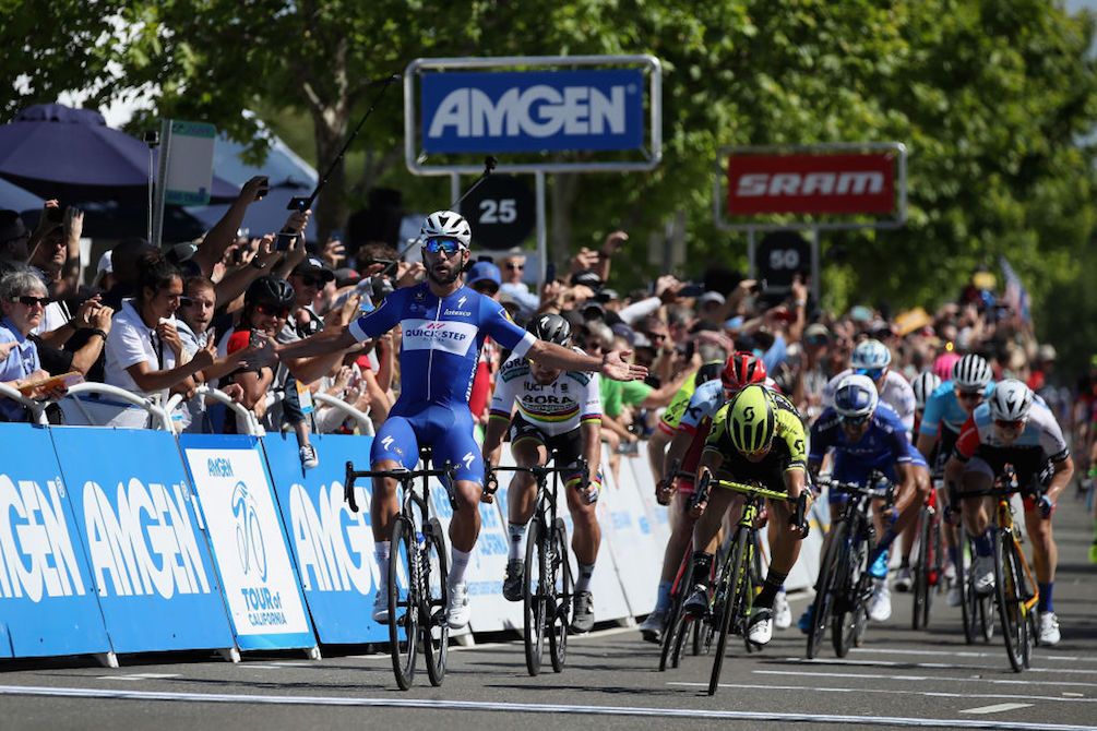 Fernando Gaviria (Quick-Step) takes the victory over Caleb Ewan (Mitchelton-Scott) and Bora Hansgrohe's Peter Sagan on stage 5 of the 2018 Tour of California