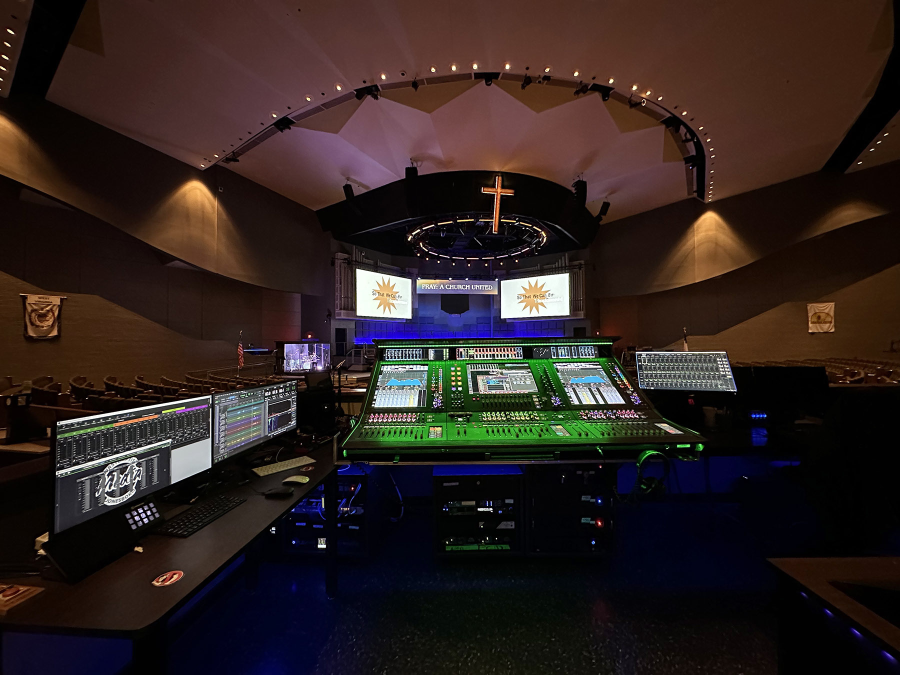 First Baptist Jonesboro Media & IT Director Tom Gobebo mixing a service on the church’s new DiGiCo Quantum852 console supplied by Clark.