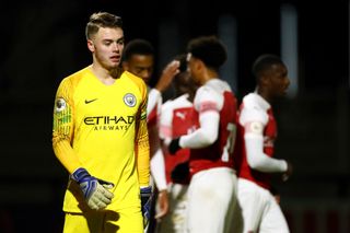 Curtis Anderson of Manchester City looks on after Arsenal score their third goal of the game during the Premier League 2 match between Arsenal and Manchester City at Meadow Park on January 14, 2019 in Borehamwood, England. (Photo by Naomi Baker/Getty Images) England v Spain U17