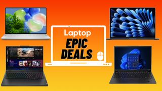 Laptops on a red to orange gradient background with a &quot;Laptop Epic Deals&quot; badge at the center