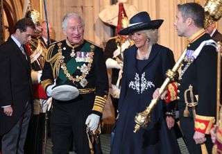 Prince Charles, Prince of Wales and Camilla, Duchess of Cornwall depart from the Sovereign's Entrance after attending the State Opening of Parliament