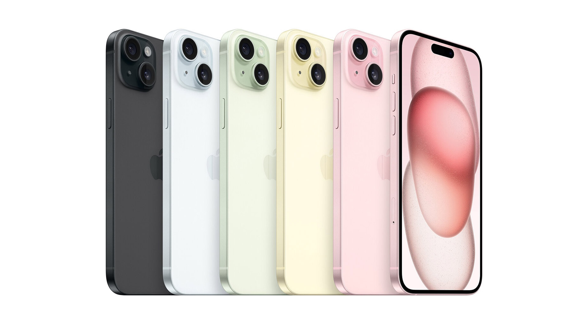Six iPhone 15s in different colours lined up next to each other.