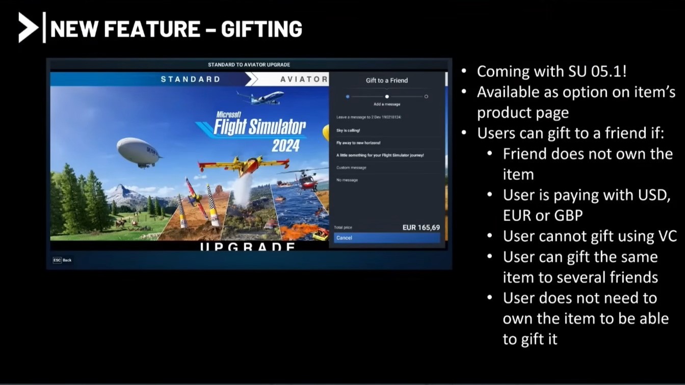 A screenshot from the Microsoft Flight Simulator 2024 FSExpo 2026 presentation showing the new gifting feature in Sim Update 5.1