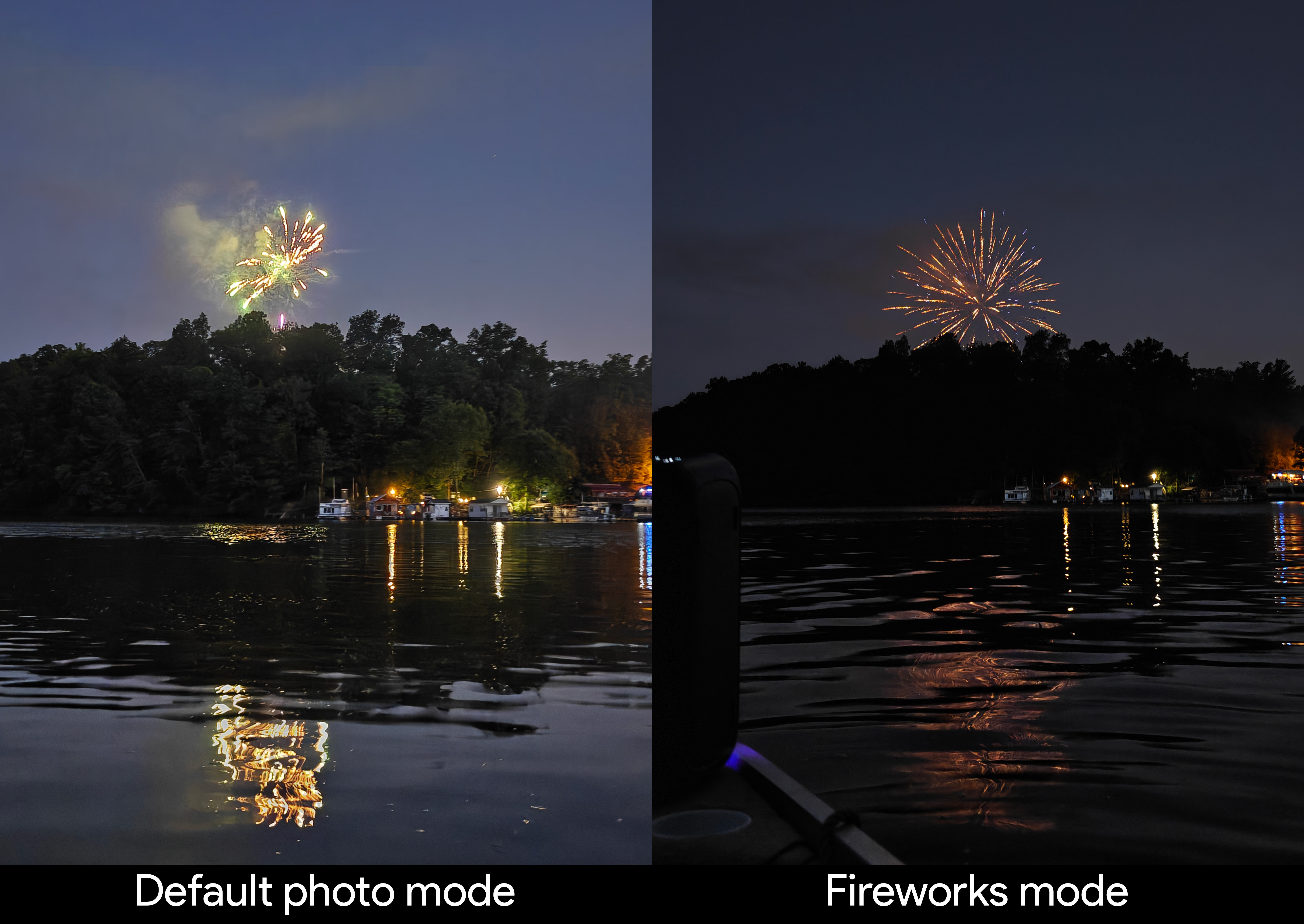 Comparing the default photo mode and the fireworks mode on the OnePlus 13's camera