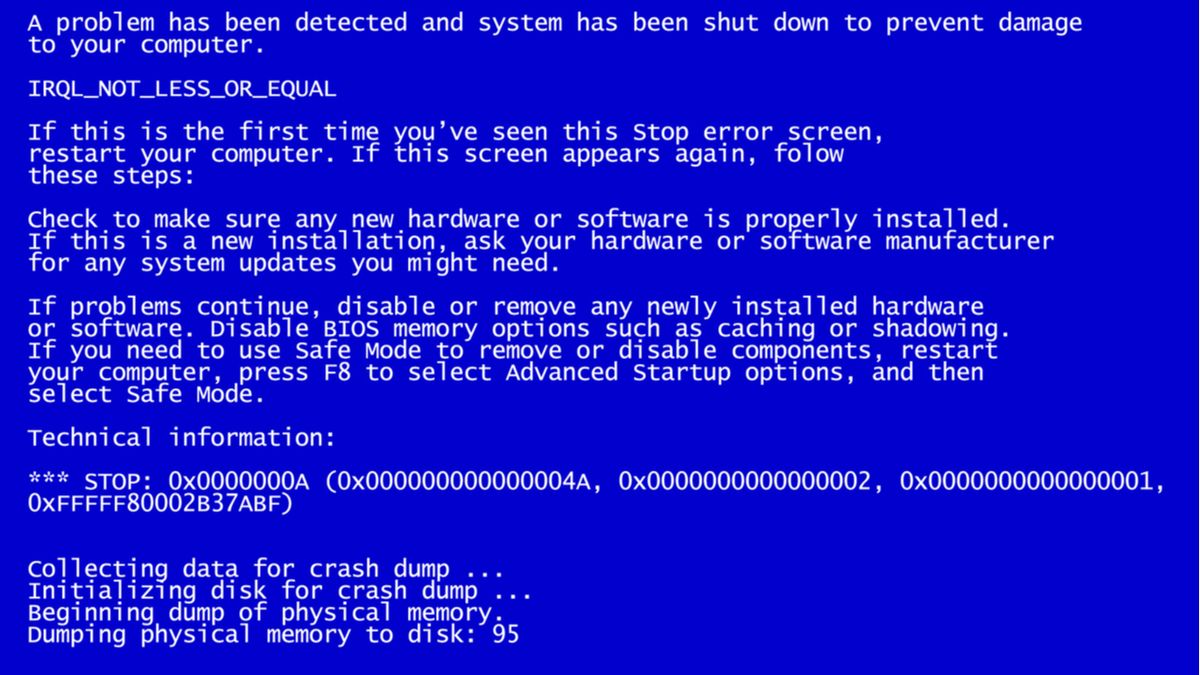 blue screen stop code irql not less or equal