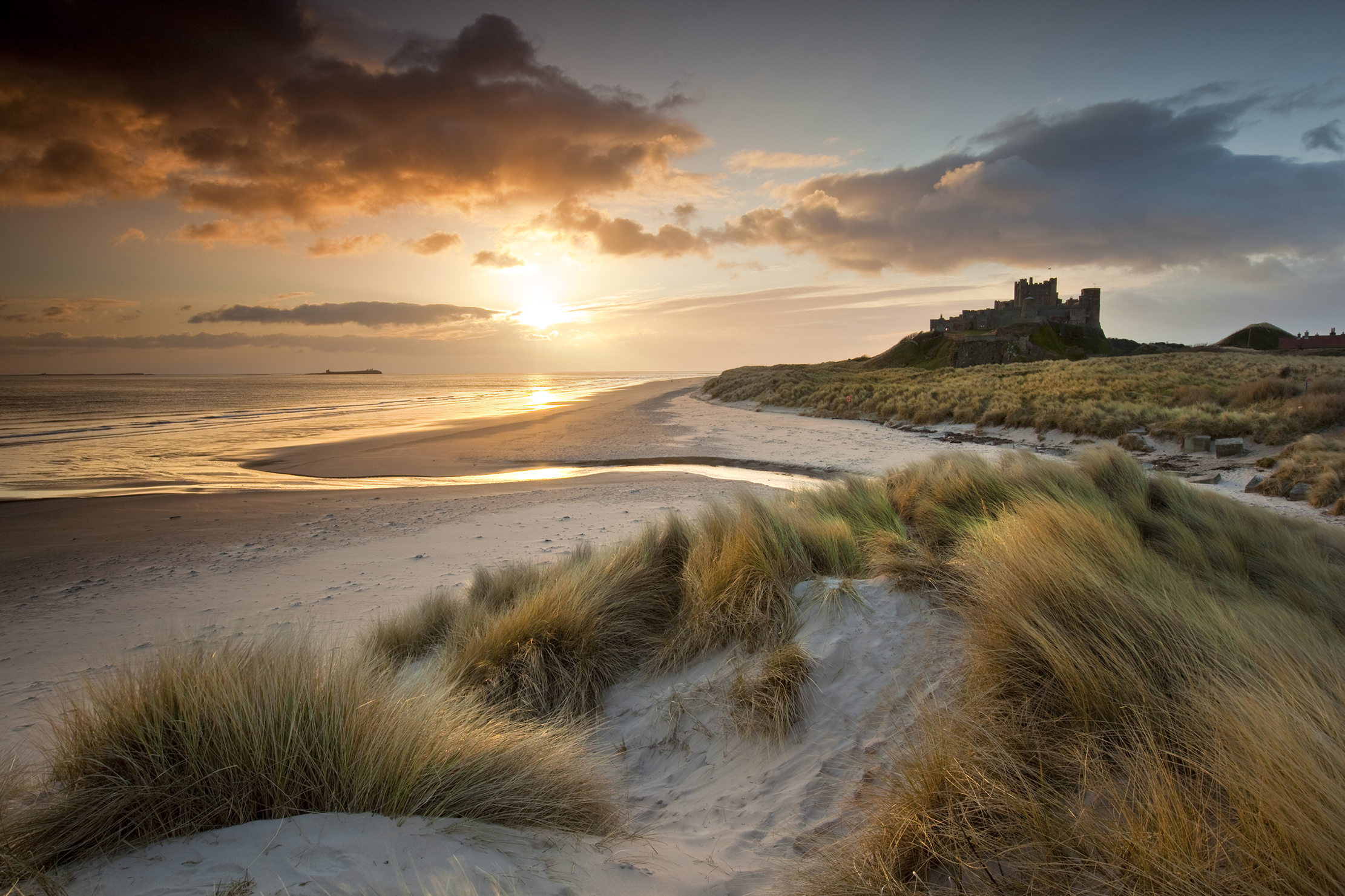 Bamburgh Dunes at sunrise in Northumberland.