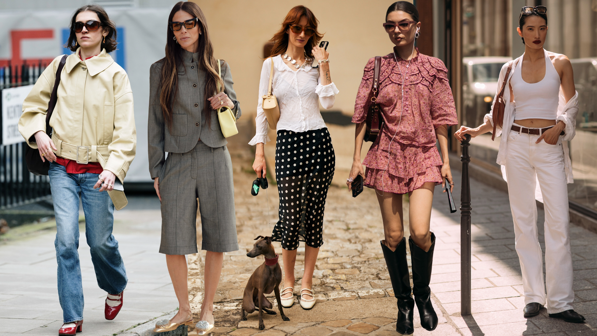 collage of fashion week attendees wearing spring outfits 