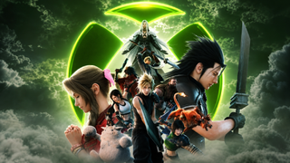 Final Fantasy VII Revelation key art featuring Cloud Strife, Zack Fair, Aerith Gainsborough, Sephiroth, and others standing before a giant glowing Xbox logo in a dramatic cloudy sky backdrop.