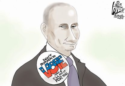 Political cartoon U.S. Russia Vladimir Putin vote midterm election interference