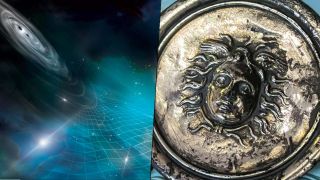 Gravitational waves and a Roman phalera, or military medal, featuring Medusa with two wings atop her head