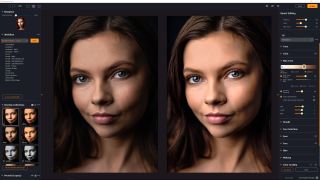 Radiant Photo 2 photo editing software with two matching images of a models face showing the before and after of edits