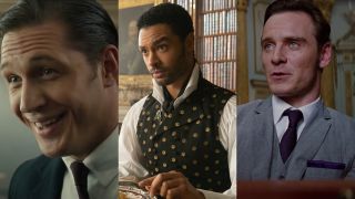Tom Hardy in Legend, Regé-Jean Page in Bridgerton, and Michael Fassbender in X-Men: First Class, pictured side by side.