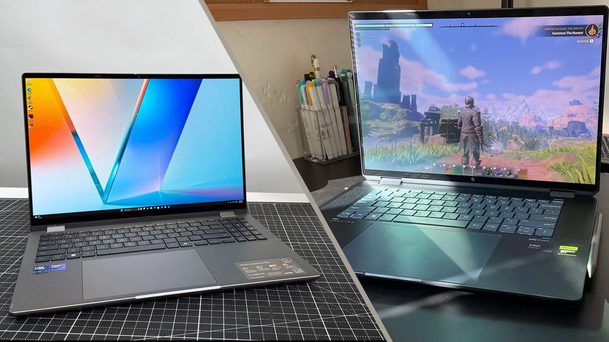 A side-by-side image of the Asus Vivobook 16 Flip next to the HP Spectre x360 16.