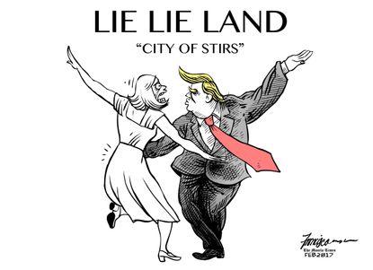 Political Cartoon U.S. La La Land Donald Trump Lie Lie land Oscars alternative facts