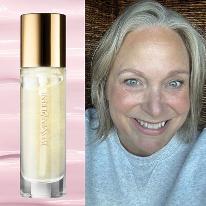 mature woman next to primer products