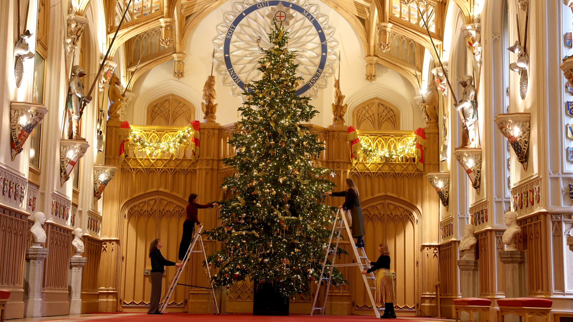 Palace employees decorating a tree at Windsor Castle