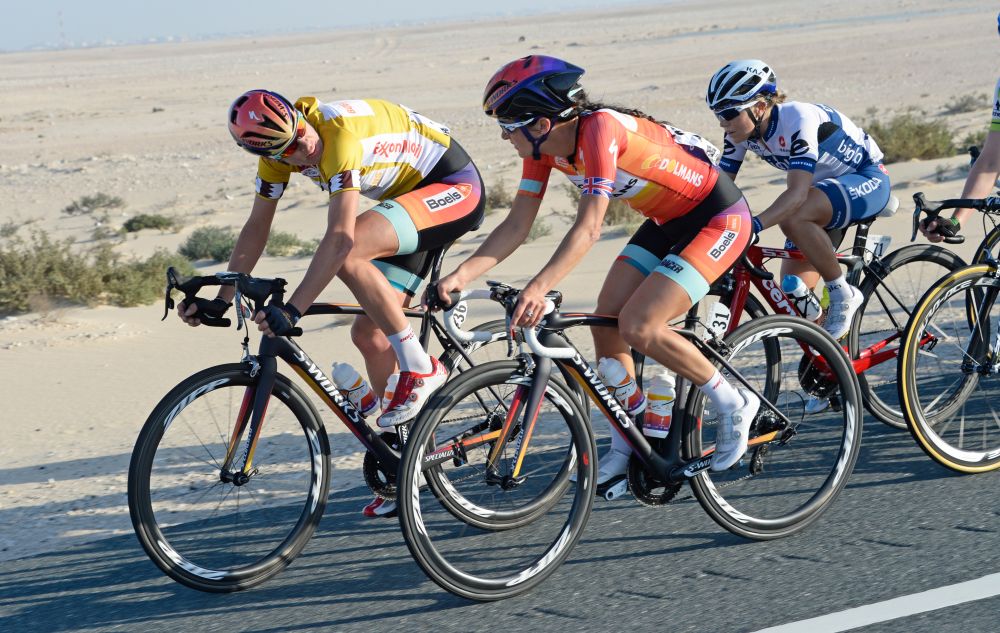 Race leader Ellen van Dijk and Boels Dolmans teammate Lizzie Armitstead talk strategy