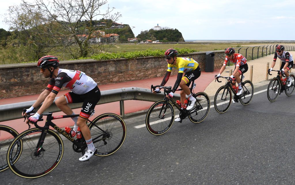 ONDARROA SPAIN APRIL 09 Diego Ulissi of Italy Brandon Mcnulty of United States and UAE Team Emirates Yellow Leader Jersey Tadej Pogacar of Slovenia and UAE Team Emirates Polka Dot Mountain Jersey during the 60th ItzuliaVuelta Ciclista Pais Vasco 2021 Stage 5 a 1602km stage from Hondarribia to Ondarroa itzulia ehitzulia on April 09 2021 in Ondarroa Spain Photo by David RamosGetty Images