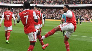 Bukayo Saka celebrares after scoring for Arsenal