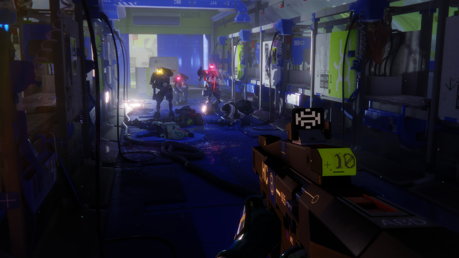 A player facing off against enemies in a corridor full of dead bodies in Marathon