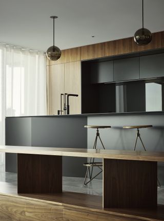 Twin Peaks Residences and its kitchen and bar area with warm dark wood hues
