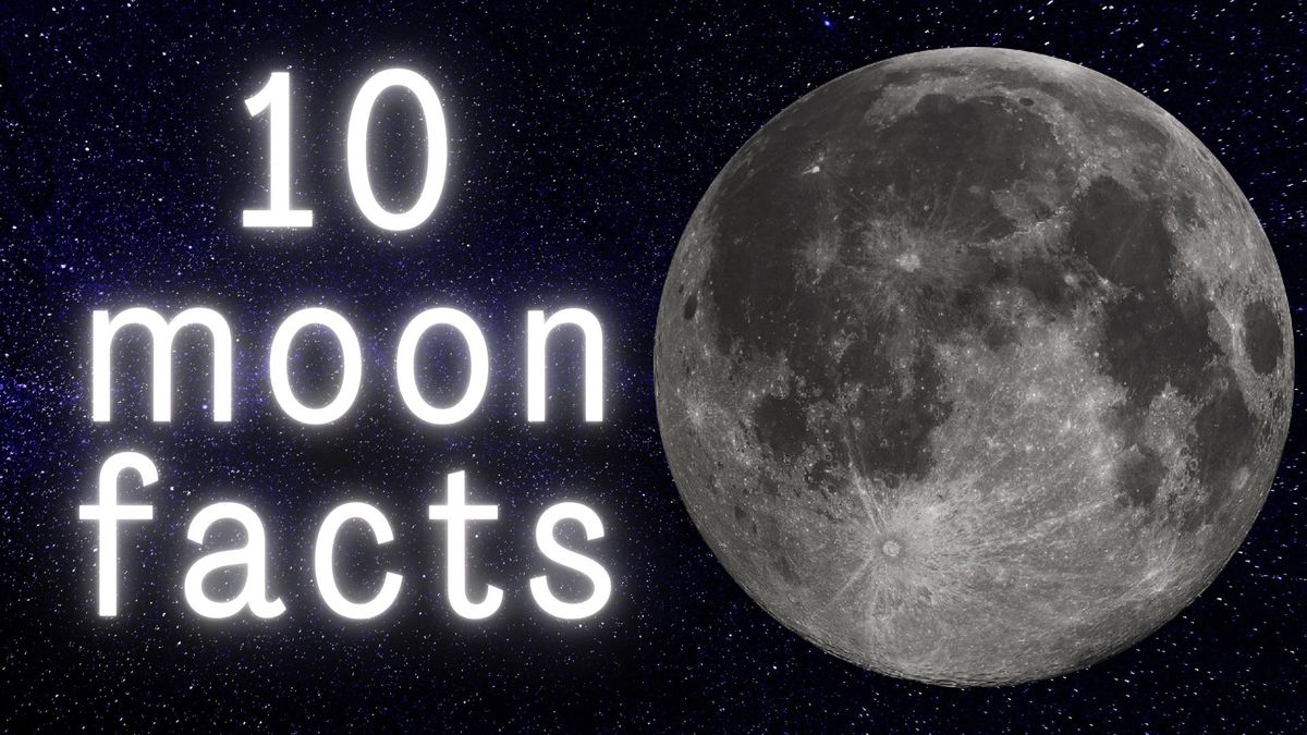 graphic with the text &quot;10 moon facts&quot; written in large white letters next to an image of the moon to the right with a starry sky background. 