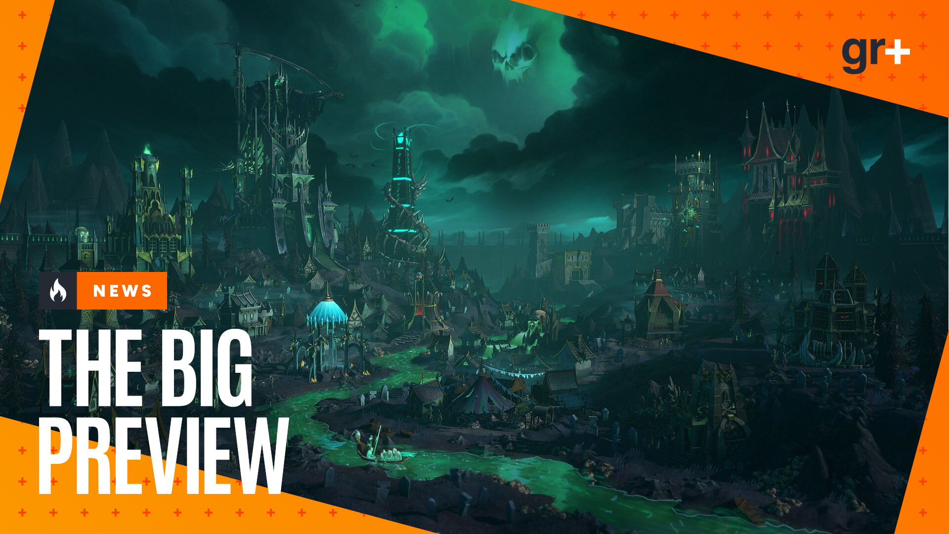 The Necropolis faction town in Heroes of Might and Magic: Olden Era, with the GamesRadar+ Big Preview frame