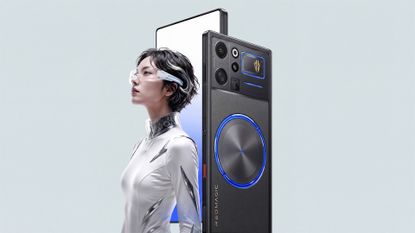 RedMagic 12 Pro phone in black on a blueish grey background