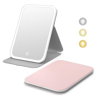 Kintion Travel Makeup Mirror, Portable Led Lighted Makeup Mirror, 360° Rotation Touch Screen Vanity Mirror, 60 Leds, 3-Color Dimmable Lighting, Rechargeable Tabletop Folding Cosmetic Mirror (pink)