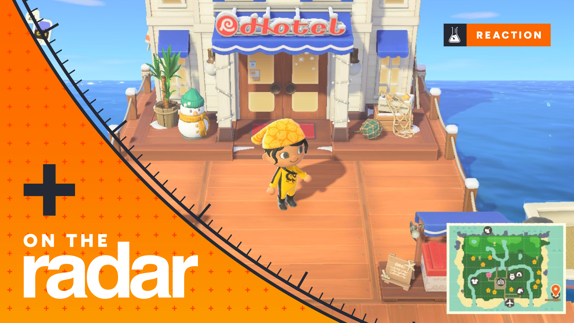 An Animal Crossing: New Horizons player standing on the pier in front of a hotel
