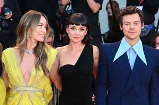 Olivia Wilde, Sydney Chandler and Harry Styles attend the "Don't Worry Darling" red carpet at the 79th Venice International Film Festival on September 05, 2022 in Venice, Italy