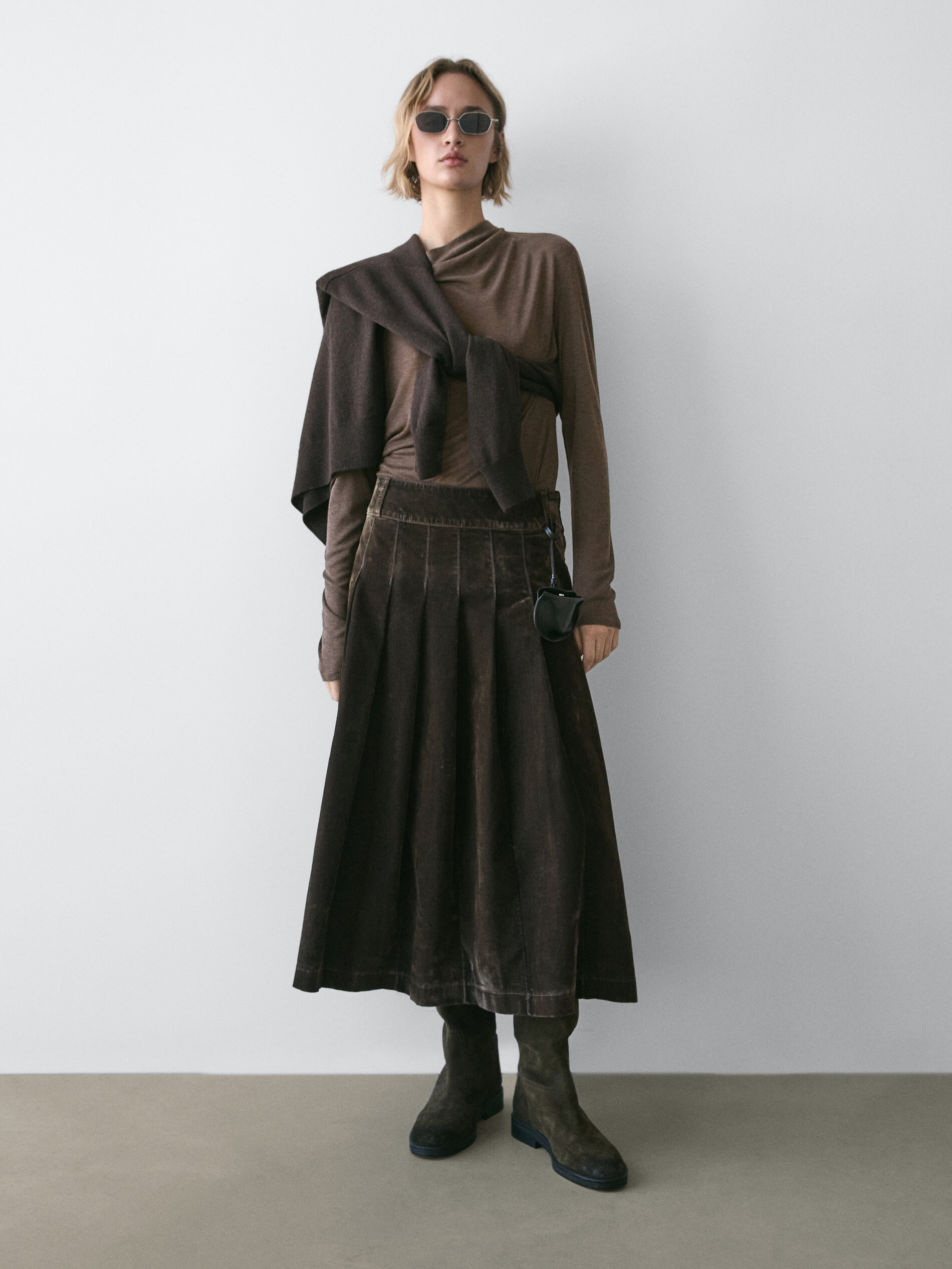 Flocked Denim Midi Skirt With Box Pleats